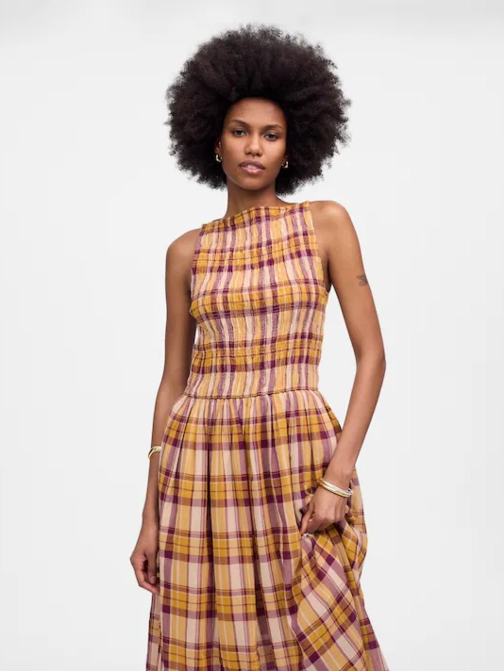 Madewell melody boatneck smocked bodice maxi dress Yellow Plaid seersucker